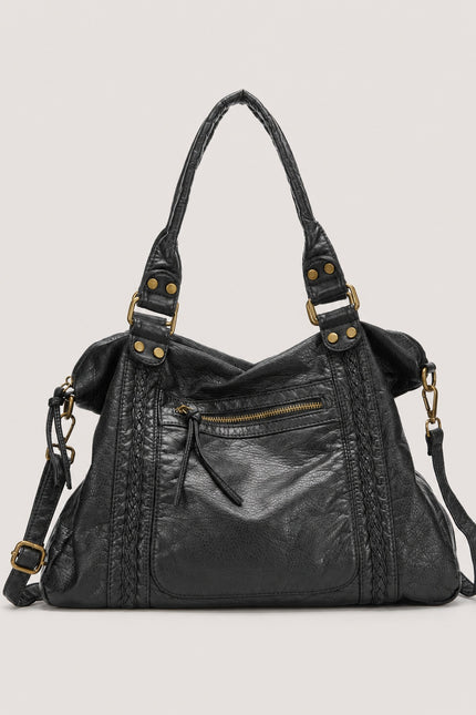 Sac de cours vintage femme en similicuir tressé — vue de face sur fond gris clair