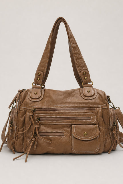 Sac cabas femme multi-poches avec bandoulière — vue de face sur fond gris clair