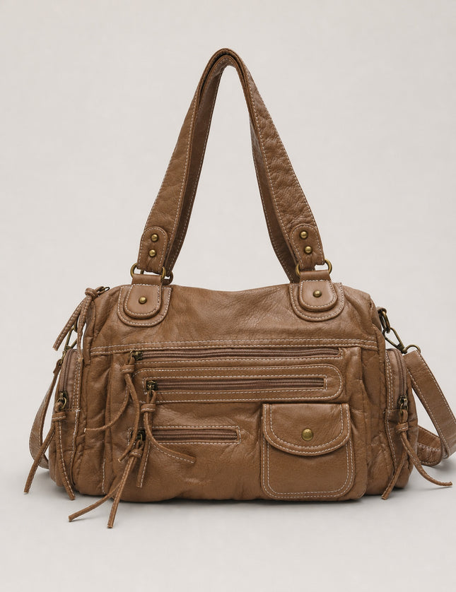 Sac cabas femme multi-poches avec bandoulière — vue de face sur fond gris clair