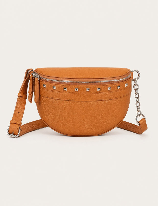 Sac banane femme en cuir fendu avec chaîne — vue de face sur fond gris clair