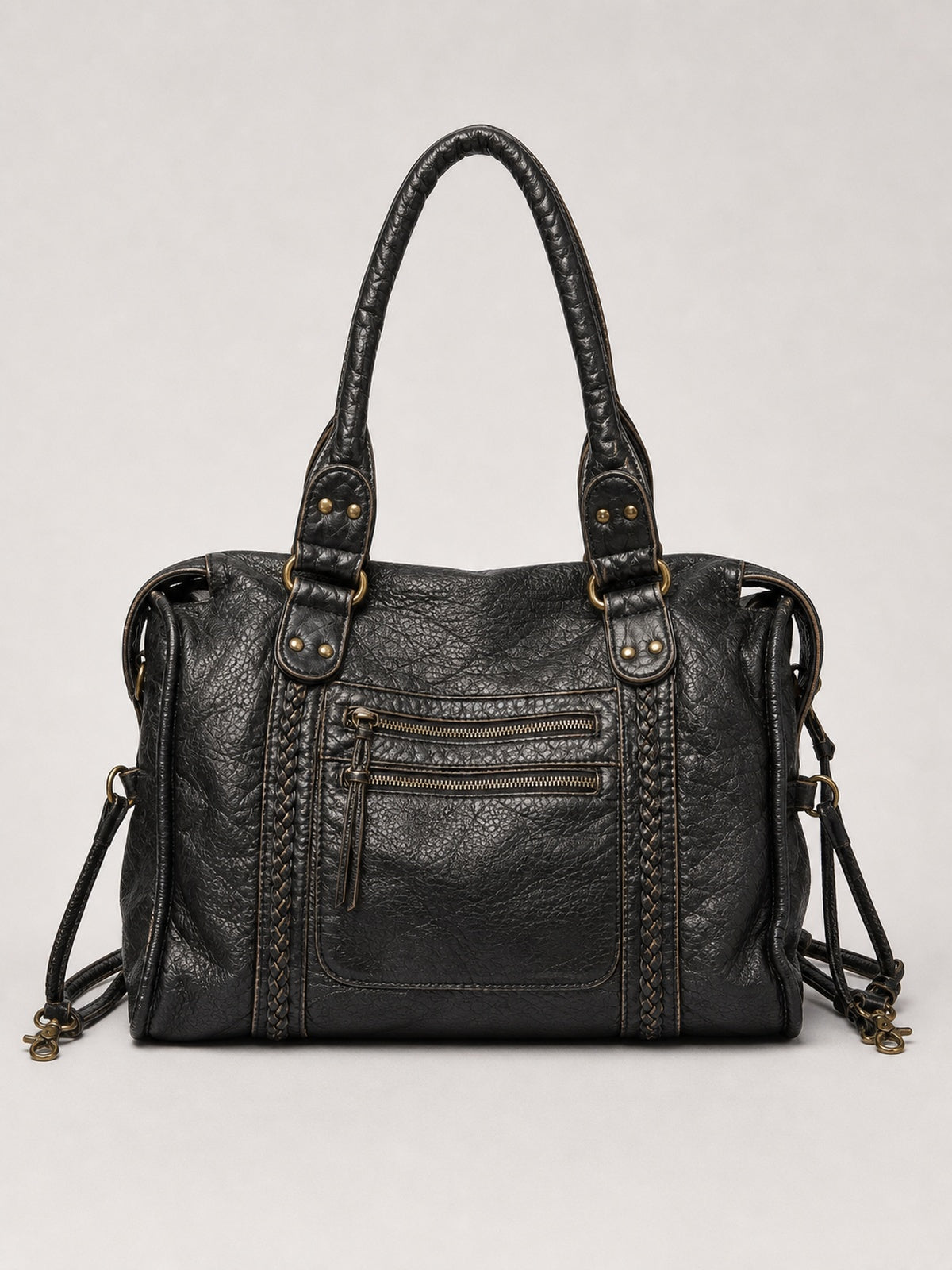 Sac cabas noir de cours femme en polyuréthane — vue de face sur fond gris clair