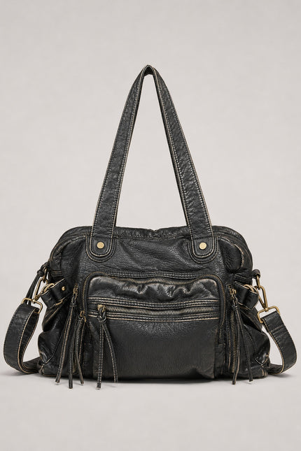 Grand sac de cours femme multi-poches en similicuir — vue de face sur fond gris clair