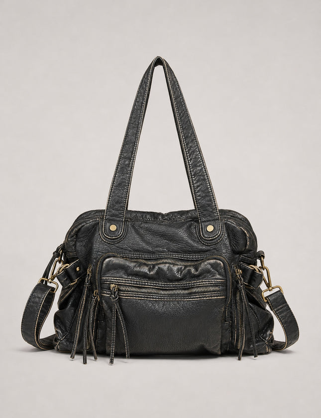 Grand sac de cours femme multi-poches en similicuir — vue de face sur fond gris clair