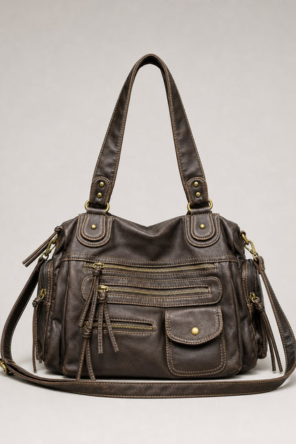 Sac cabas marron femme en polyuréthane avec bandoulière — vue de face sur fond gris clair