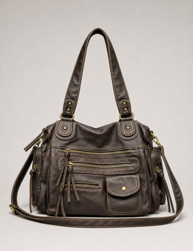 Sac cabas marron femme en polyuréthane avec bandoulière — vue de face sur fond gris clair