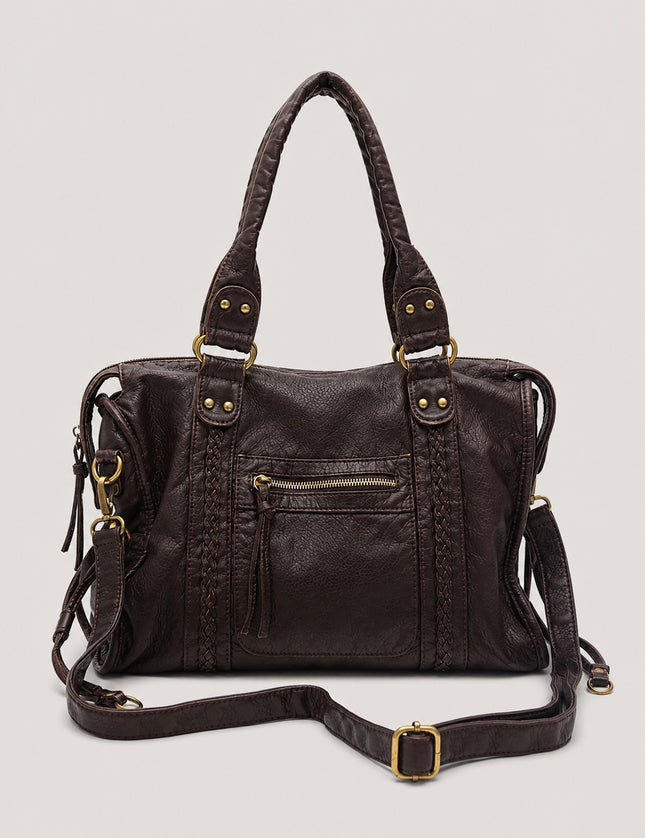 Sac de cours femme en similicuir avec bandoulière — vue de face sur fond gris clair