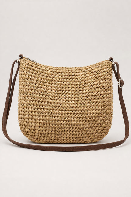 Sac bandoulière femme en paille zippé — vue de face sur fond gris clair