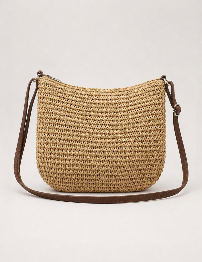 Sac bandoulière femme en paille zippé — vue de face sur fond gris clair