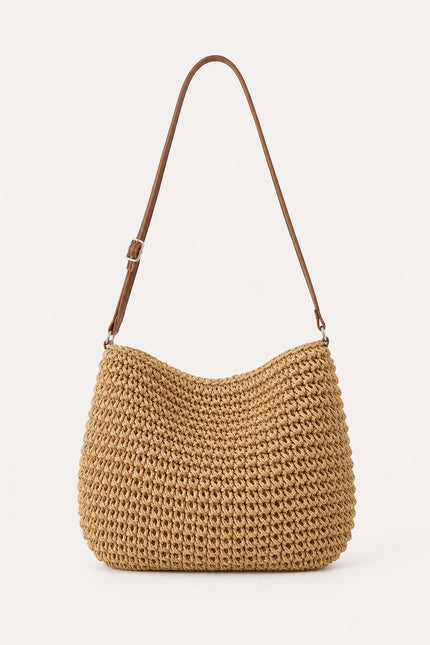 Sac bandoulière femme en paille zippé — variante 1 : Marron