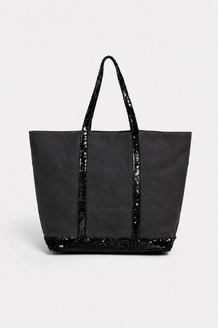 Grand sac cabas femme en toile à sequins — variante 2 : Gris foncé paillettes noirs