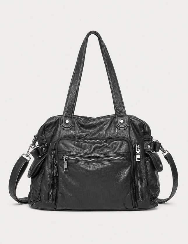 Grand sac de cours femme multi-poches en similicuir — variante 2 : Noir