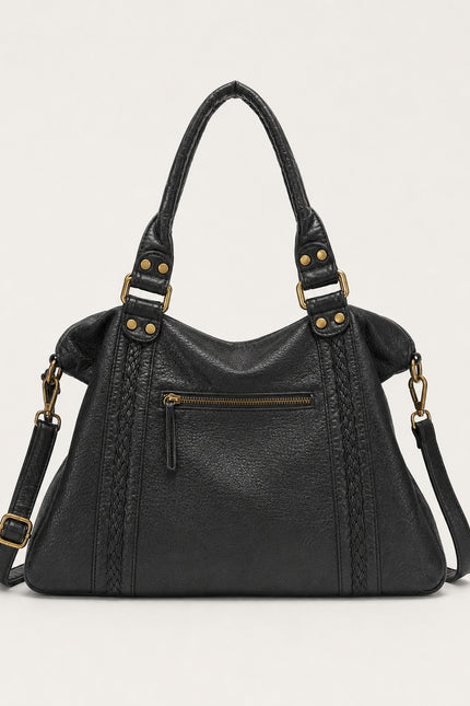 Sac de cours vintage femme en similicuir tressé — vue trois-quarts sur fond gris clair