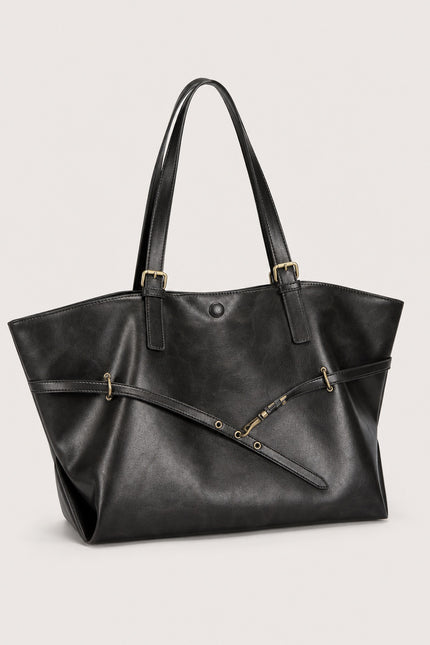 Grand sac cabas de cours femme en similicuir évasé — vue trois-quarts sur fond gris clair