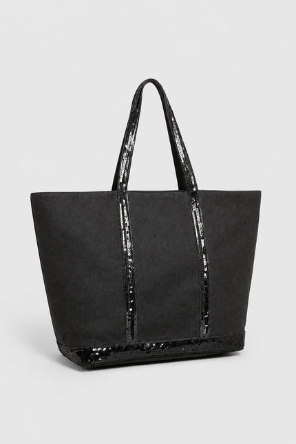 Grand sac cabas femme en toile à sequins — vue trois-quarts sur fond gris clair