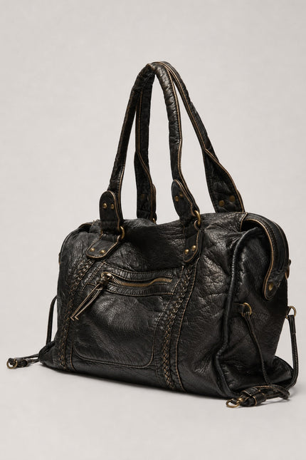 Sac cabas noir de cours femme en polyuréthane — vue trois-quarts sur fond gris clair