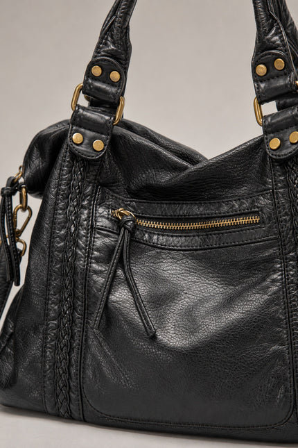 Sac de cours vintage femme en similicuir tressé — détail rapproché du sac