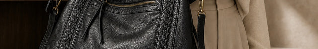 Sac de cours vintage femme en similicuir tressé — porté sur mannequin avec une tenue