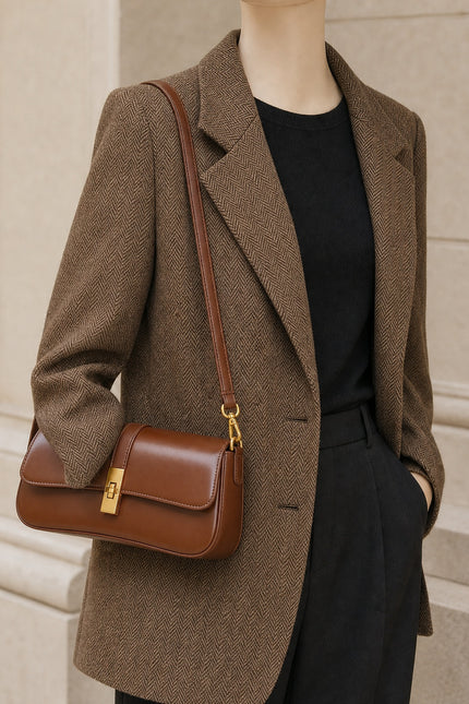 Petit sac épaule femme en cuir fendu — porté sur mannequin avec une tenue