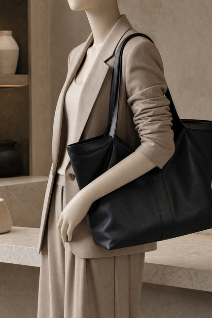 Sac cabas de cours femme évasé en similicuir — porté sur mannequin avec une tenue