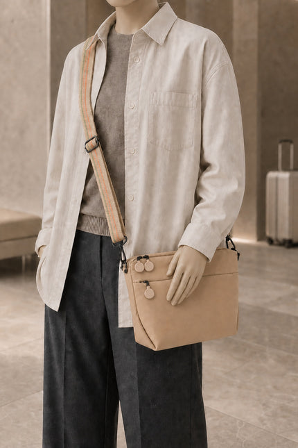 Sac banane de voyage femme en nylon multi-poches — porté sur mannequin avec une tenue