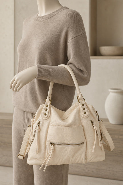 Sac cabas de cours femme zippé avec bandoulière — porté sur mannequin avec une tenue