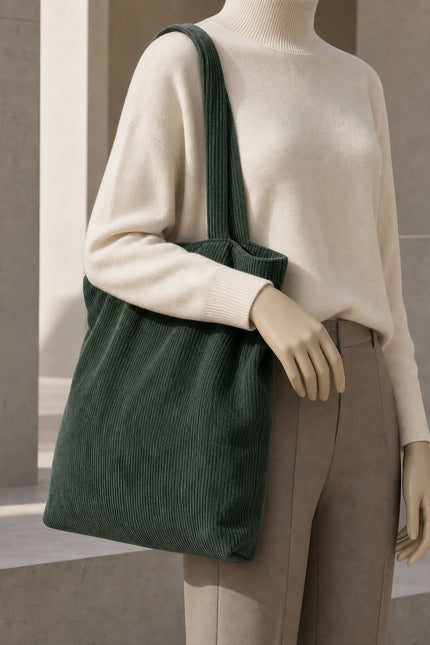 Tote bag femme en velours côtelé — porté sur mannequin avec une tenue