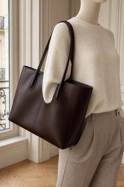 Grand sac cabas de cours femme avec pochette — porté sur mannequin avec une tenue