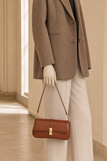 Petit sac épaule femme en cuir fendu — porté à la main en vue rapprochée
