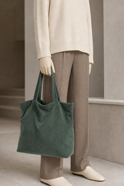 Tote bag femme en velours côtelé — porté à la main en vue rapprochée