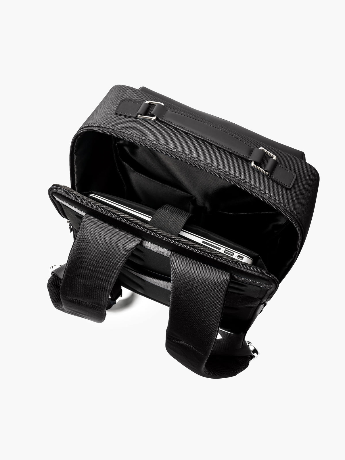 Aurean Paris - Explorer Light Backpack Interior view of Explorer Light Backpack showing multiple slots and 16-inch laptop capacity.