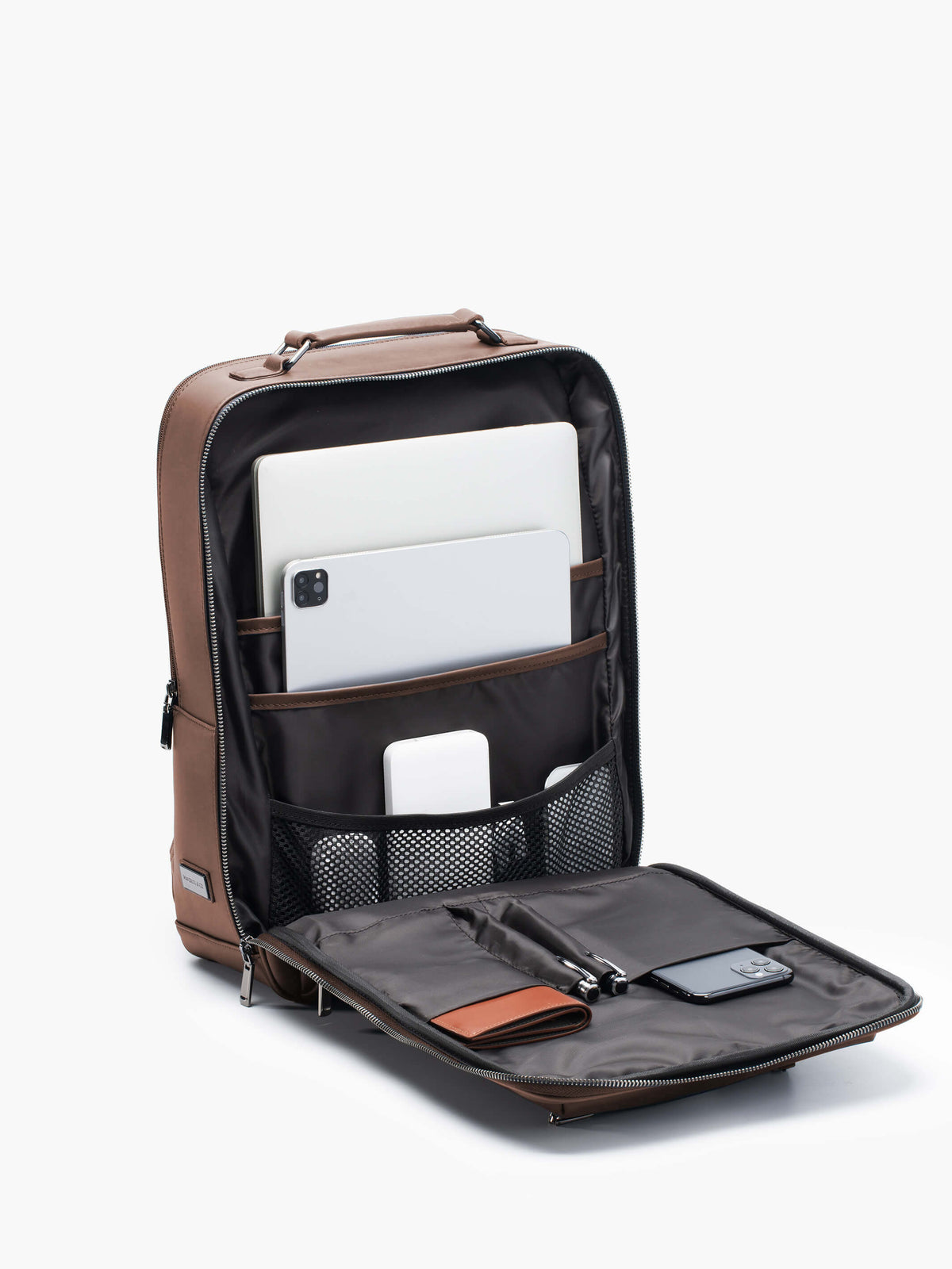 Aurean Paris - Explorer Light Backpack Plus Interior view of Explorer Light Backpack Plus showing full clamshell opening and 16-inch laptop capacity.