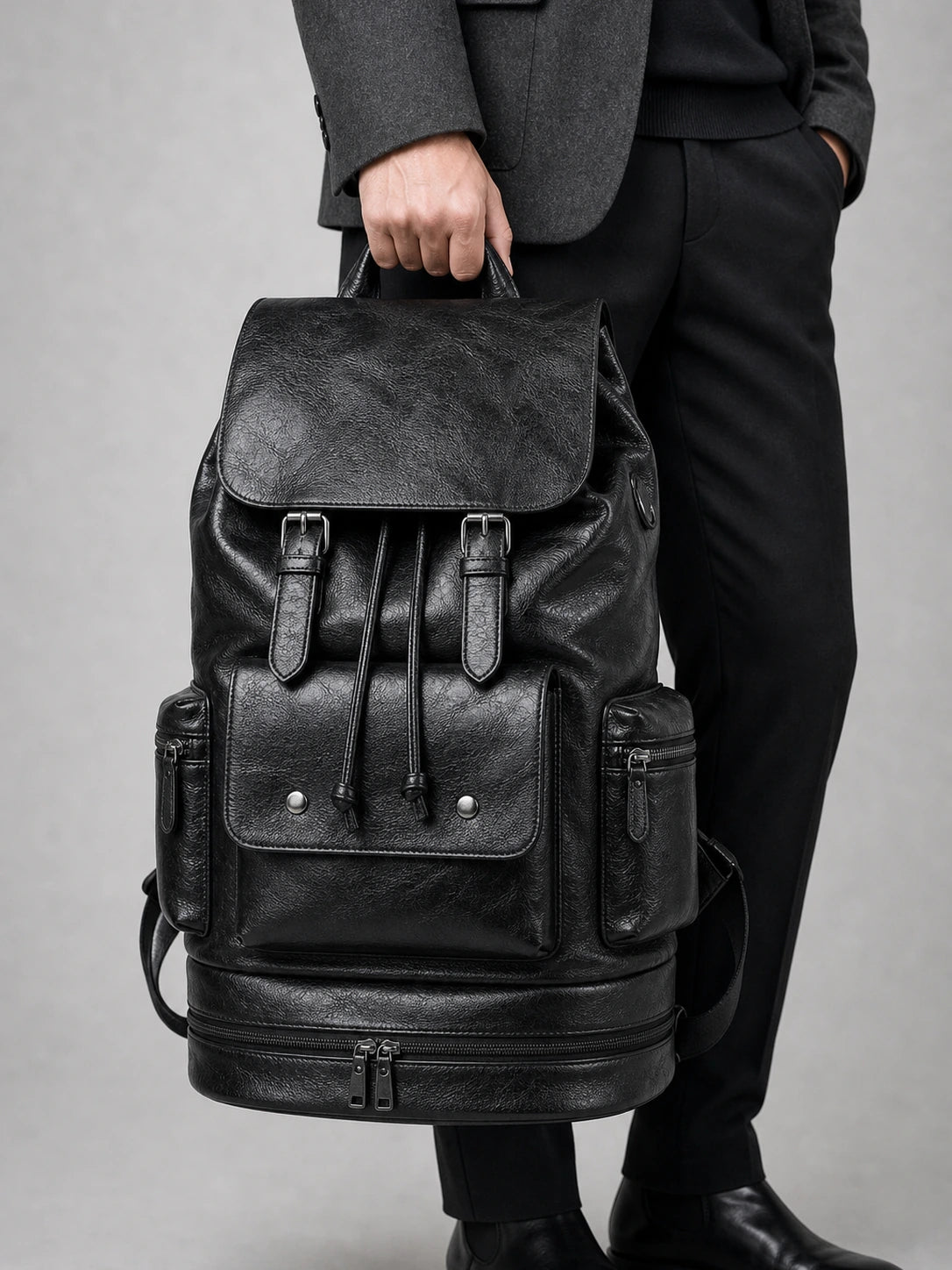 Sac à dos cuir grande capacité voyage homme porté à la main en studio - Aurean Paris - source inputs