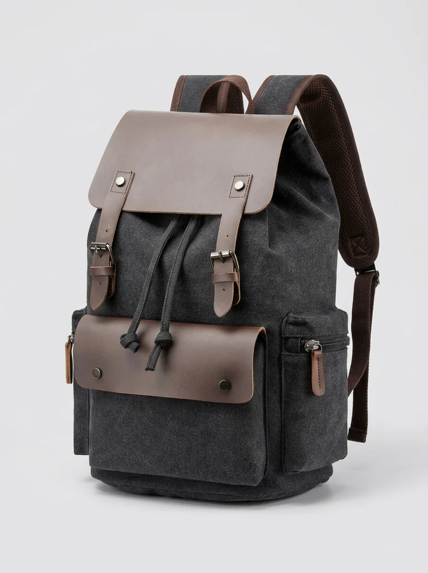 Sac à dos ordinateur 15 pouces toile et cuir vintage - Vue 2 - Sac